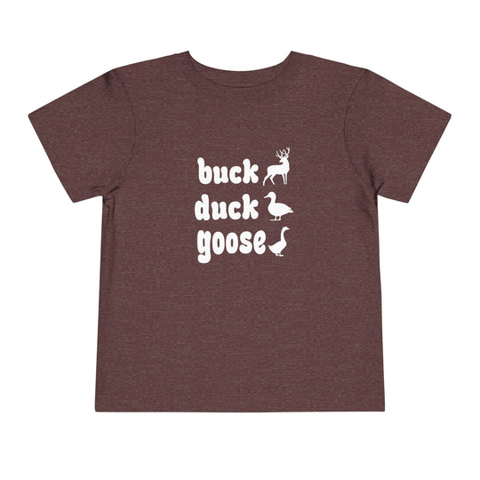 Buck, Duck, Goose Toddler Tee features playful animal silhouettes in white on a heather-maroon t-shirt, ideal for adding charm to kids' wardrobes.