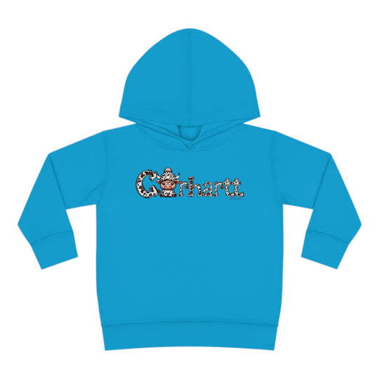 Toddler hoodie featuring a cartoon cow design, durable construction with cover-stitched details, side seam pockets for coziness. 60% cotton, 40% polyester blend. Cowhartt Cow Toddler Hoodie.