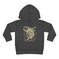 Camo Fish Toddler Hoodie features a dark charcoal-gray design with a leaping fish graphic in muted camo tones, ideal for comfort and durability.