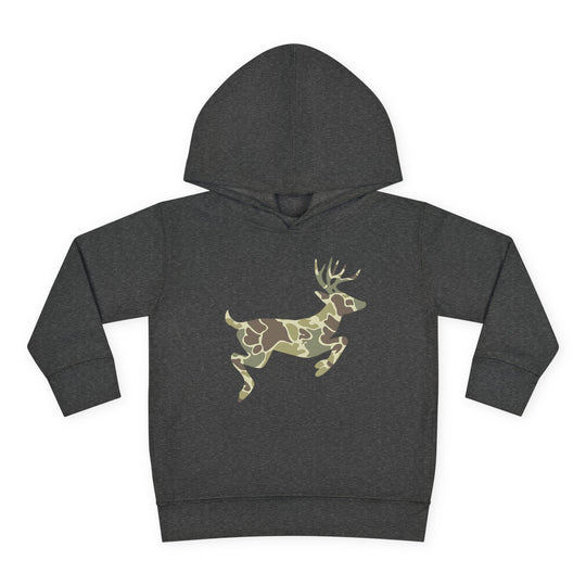 Camo Deer Toddler Hoodie featuring a leaping deer with a camouflage pattern, designed for comfort and durability with jersey-lined hood and side-seam pockets.