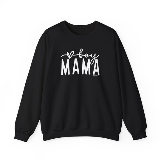 Unisex Boy Mama Crew sweatshirt: Black with white text. Heavy blend fabric, ribbed knit collar, no itchy side seams. 50% cotton, 50% polyester. Loose fit, true to size. Sizes S-5XL.