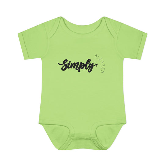 Simply Blessed Onesie: A green baby bodysuit with black text, designed for comfort with soft, ring-spun cotton and practical lap shoulders for easy dressing.