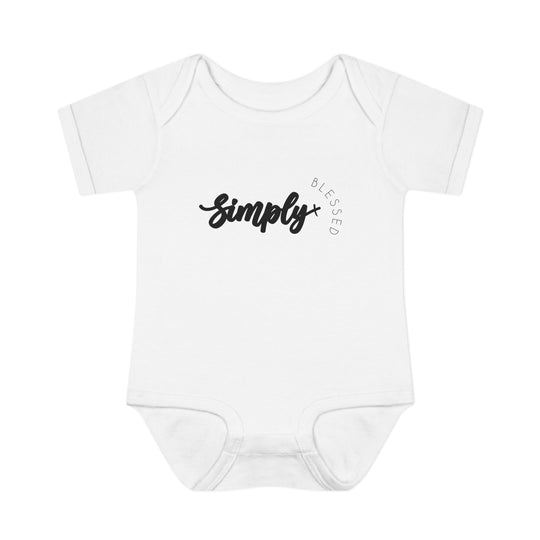 Simply Blessed Onesie: White baby bodysuit featuring playful black text. Made from soft, 100% ring-spun cotton for comfort. Suitable for infants, sizes NB to 24M.