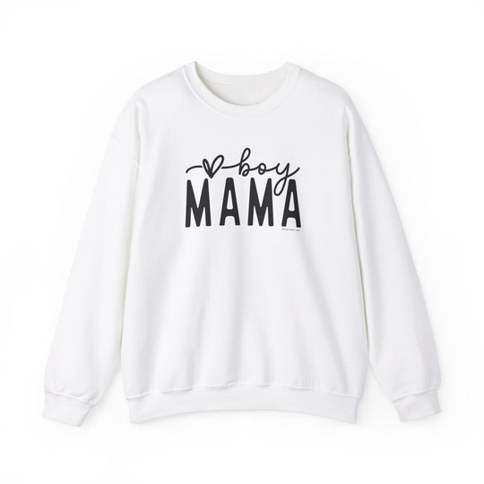 A comfortable unisex Boy Mama Crew sweatshirt in white with black text. Made of 50% cotton, 50% polyester, ribbed knit collar, no itchy side seams. Medium-heavy fabric, loose fit, true to size.