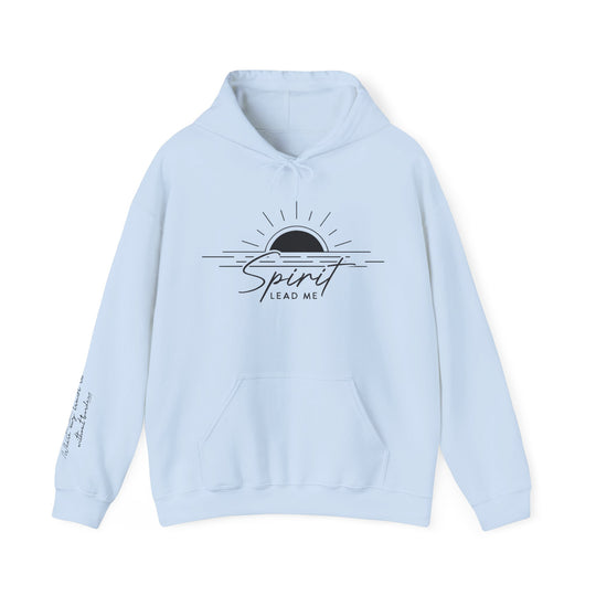 A light blue Spirit Lead Me Hoodie with a logo on the front, featuring a kangaroo pocket and matching drawstring. Unisex, made of 50% cotton and 50% polyester for a cozy, stylish look.