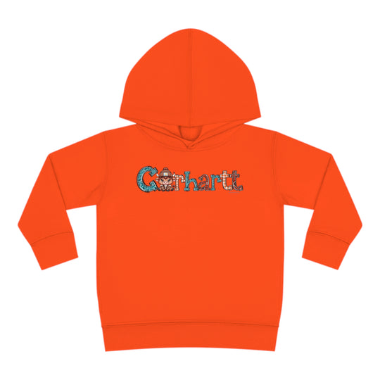 Toddler hoodie featuring a cartoon cow design, jersey-lined hood, cover-stitched details, and side seam pockets. Made of 60% cotton, 40% polyester for cozy durability. From Worlds Worst Tees.