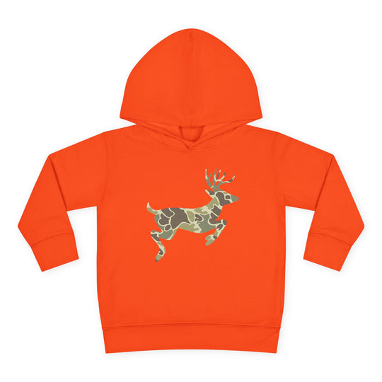 Camo Deer Toddler Hoodie: Bright orange hooded sweatshirt for kids featuring a leaping deer with a woodland camouflage pattern, designed for comfort and durability with jersey-lined hood.