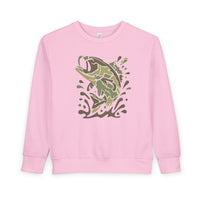 Light‐pink toddler sweatshirt featuring a camouflage-style fish graphic leaping out of water, designed for comfort and durability with ribbed details.