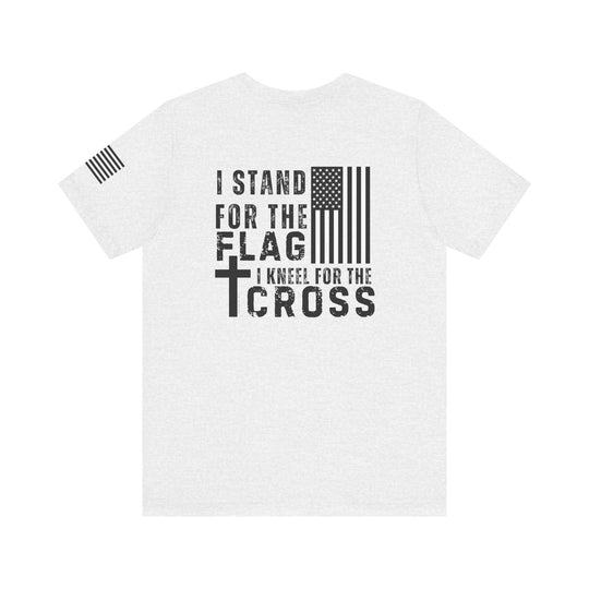Unisex jersey tee with Stand for Flag Kneel for Cross design. 100% Airlume combed cotton. Retail fit, tear away label, ribbed knit collars, taping on shoulders, dual side seams for shape retention.