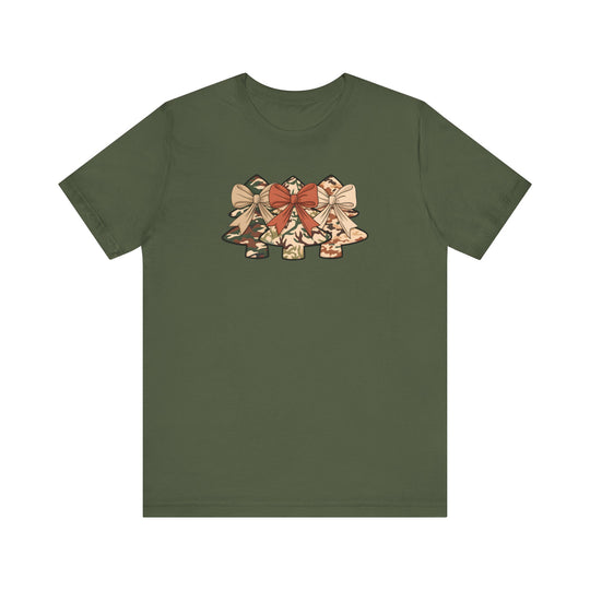 Olive-green Camo Christmas Tree Tee featuring three camouflage-patterned tree silhouettes with ribbon bows, offering a comfortable fit and soft cotton fabric.
