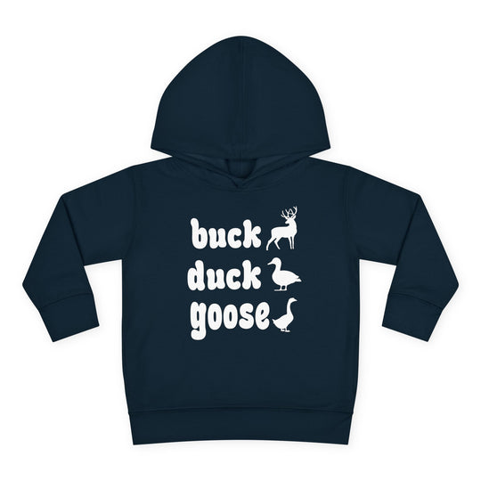 Buck, Duck, Goose, Toddler Hoodie with playful animal pun design and durable features, including side-seam pockets and jersey-lined hood for cozy comfort.