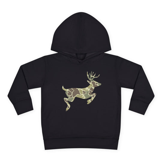 Camo Deer Toddler Hoodie features a black pullover with a camouflage-patterned deer graphic, designed for comfort and durability with side seam pockets and jersey-lined hood.