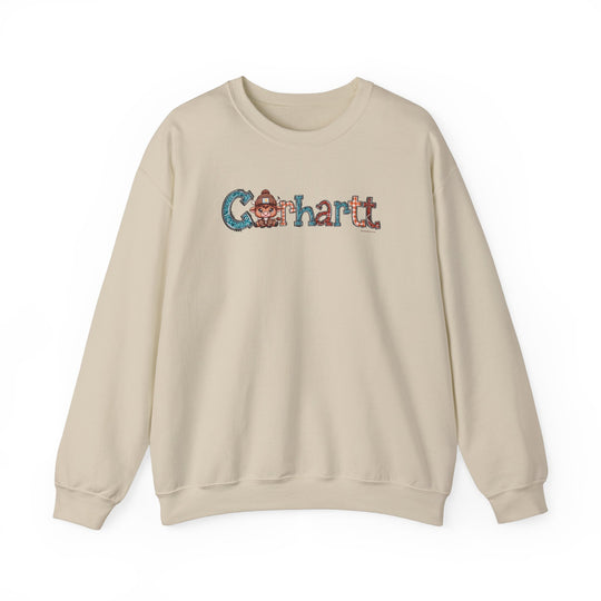 A white Cowhartt Crew sweatshirt with a cartoon cow logo, ideal for comfort in a loose fit. Made of 50% cotton and 50% polyester, ribbed knit collar, no itchy side seams. Sizes S to 5XL.