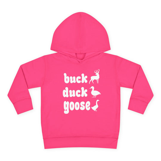Buck, Duck, Goose, Toddler Hoodie: Playful pink hoodie with white animal silhouettes and text, featuring durable construction and cozy comfort for toddlers.