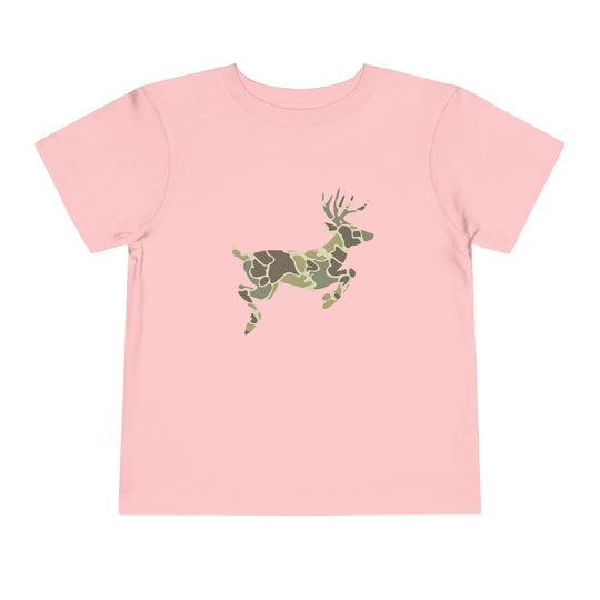 Camo Deer Toddler Tee: Light pink T-shirt with a green-and-brown camouflage leaping deer silhouette on the chest, crafted from 100% Airlume combed cotton for comfort.
