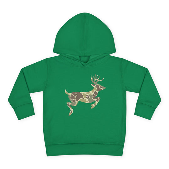 Camo Deer Toddler Hoodie features a green pullover design with a leaping deer graphic in woodland camouflage, offering durable comfort for active toddlers.