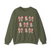 Olive-green crew-neck sweatshirt, Cookies and Bows Crew, featuring festive bow and Christmas tree motifs, laid flat; ideal for cozy, stylish wear.