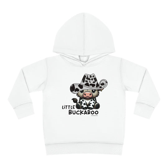 Toddler hoodie with cow wearing a cowboy hat, designed for comfort and durability. Features jersey-lined hood, cover-stitched details, and side seam pockets for coziness. From Worlds Worst Tees.