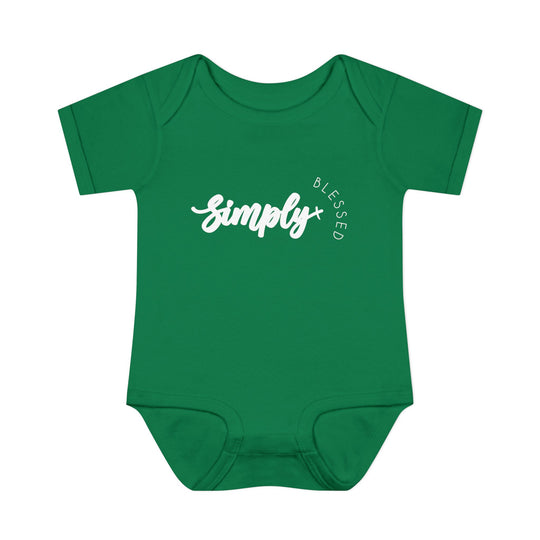 Simply Blessed Onesie: green baby bodysuit with white text, crafted from soft ring-spun cotton with lap shoulders for comfort and easy changes.
