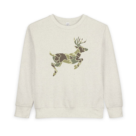 Camo Deer Toddler Crew: Light-beige sweatshirt featuring a green and brown camouflage deer silhouette, crafted for warmth and durability with a soft cotton-polyester blend.