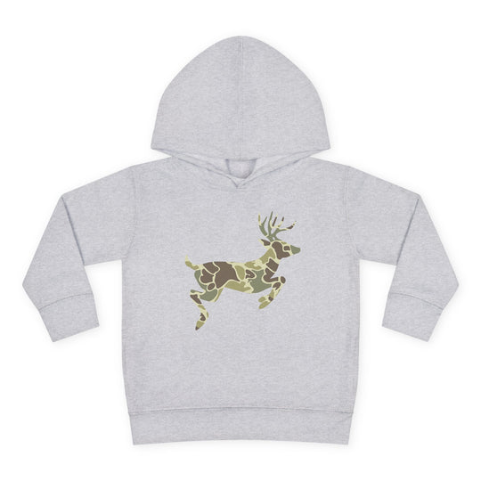 Camo Deer Toddler Hoodie: Light-gray toddler hoodie with a camo-patterned jumping deer silhouette on the front, featuring durable stitching and side seam pockets for comfort.