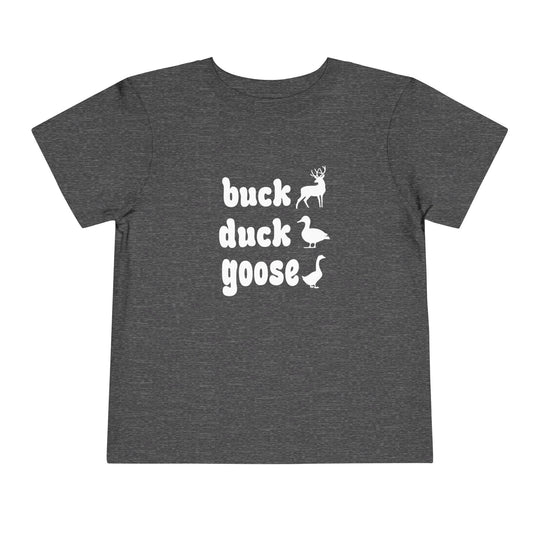 Buck, Duck, Goose Toddler Tee featuring playful animal silhouettes and text, printed on a dark-gray Bella Canvas T-shirt, perfect for kids' everyday wear.
