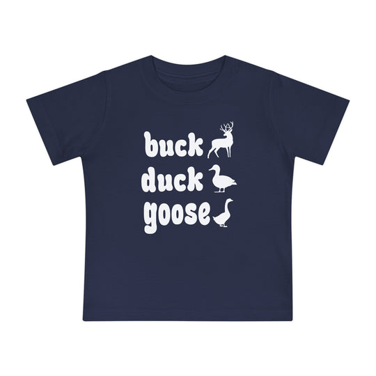 Buck, Duck, Goose Baby Tee featuring playful animal silhouettes in white on a navy-blue T-shirt, perfect for infants, made from soft, durable cotton.
