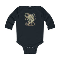 Camo Fish Long Sleeve Onesie featuring a camo-patterned fish leaping from water, designed for durability with ribbed knitting and snap closures for easy changing.