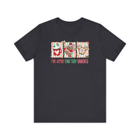 Here for the Snacks Tee featuring candy-cane framed festive graphics: a peppermint mug, holiday mouse with candy canes, and Mickey-shaped treat, plus playful slogan.