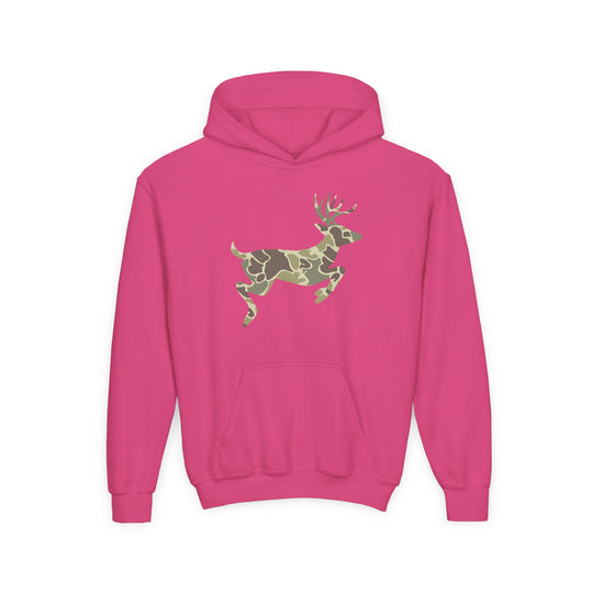 Camo Deer Youth Hoodie: Bright pink pullover with kangaroo pocket, drawstring hood, and a green-tan camouflage deer silhouette on the chest.