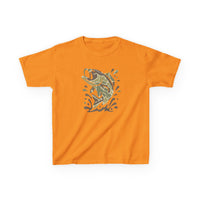 Bright orange Camo Fish Kids Tee with a stylized fish graphic in camouflage greens and grays, designed for durability and comfort, perfect for everyday wear.