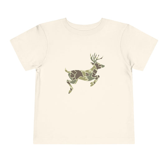 Camo Deer Toddler Tee: Cream-colored toddler t-shirt featuring a deer silhouette with woodland camouflage, crafted from soft, 100% Airlume cotton for everyday comfort.
