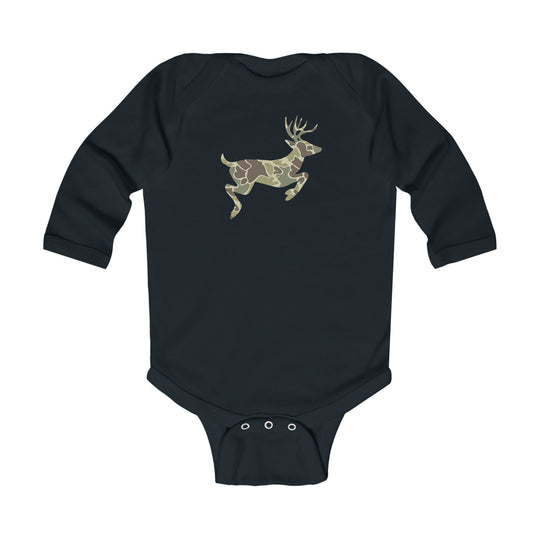 Camo Deer Long Sleeve Onesie featuring a leaping deer silhouette in camouflage pattern on chest, with snap-button closures and ribbed knitting for durability.