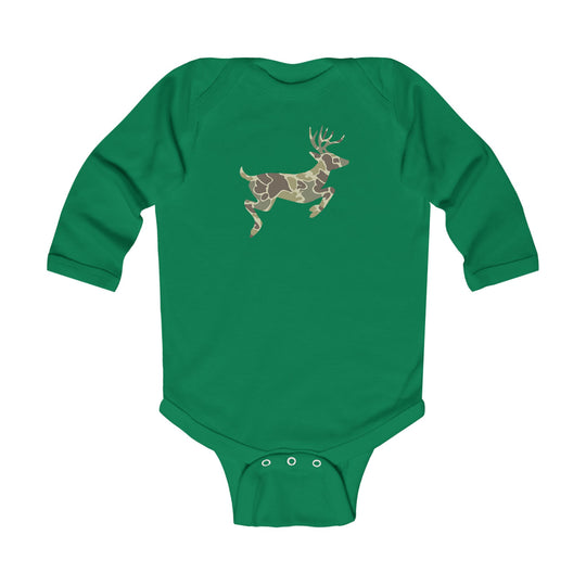 Camo Deer Long Sleeve Onesie featuring a woodland-camouflage deer silhouette. Crafted for durability and comfort with ribbed bindings and easy-snap closures, ideal for infants.