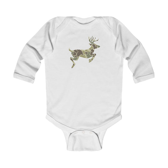 Camo Deer Long Sleeve Onesie: White baby bodysuit with a leaping deer graphic in camouflage, featuring long sleeves, ribbed bindings, and plastic snap closure for easy changing.