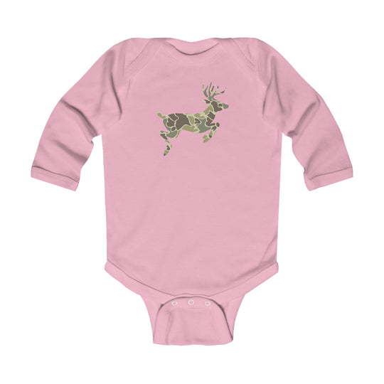 Camo Deer Long Sleeve Onesie: Pink infant bodysuit with a camouflage-patterned deer graphic, ribbed bindings, and snap closures for easy changing.