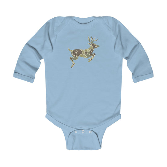 Camo Deer Long Sleeve Onesie: Light-blue baby bodysuit with a camouflage deer silhouette and snap buttons for easy changing, offering durability and comfort.