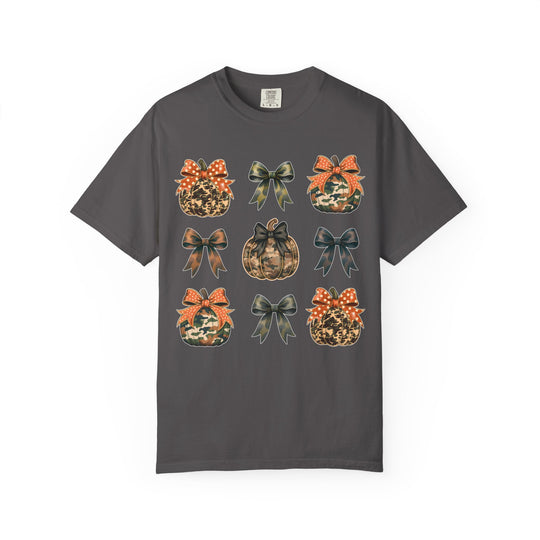 Bows and Pumpkins Tee: Charcoal T-shirt featuring a grid of camouflage and animal-print pumpkins with matching decorative bows, highlighting unique graphic design.
