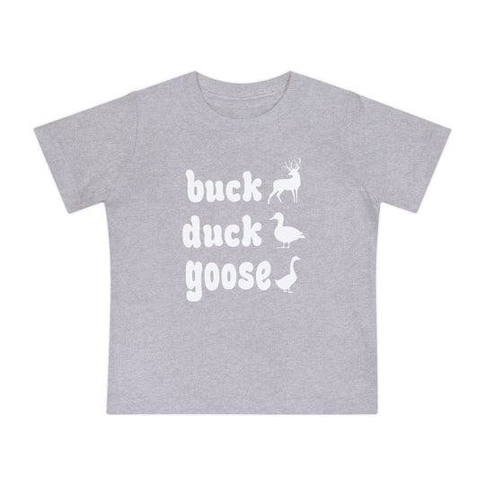 Buck, Duck, Goose Baby Tee: Light gray T-shirt featuring buck, duck, goose with corresponding white silhouettes, designed for comfort and durability in baby sizes.