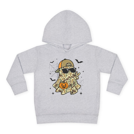 Candy Ghost Toddler Hoodie features a camo-patterned ghost with sunglasses, a cap, and Halloween elements, offering cozy comfort with durable jersey-lined hood and side-seam pockets.