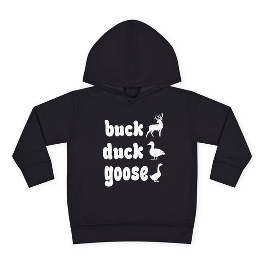 Buck, Duck, Goose Toddler Hoodie: Black hoodie featuring playful Buck, Duck, Goose print with animal silhouettes, offering comfort and durability with a jersey-lined hood and side-seam pockets.