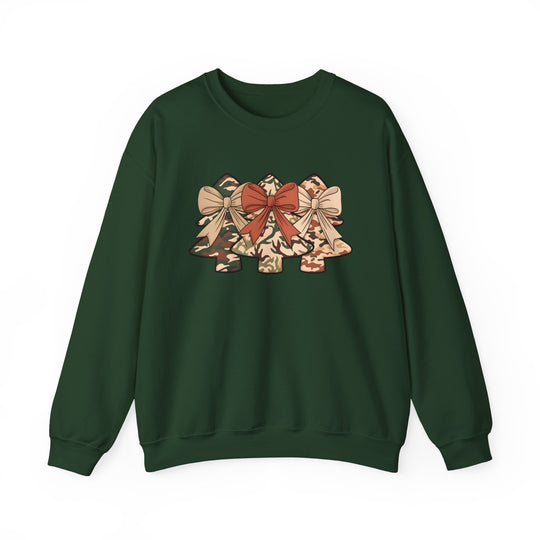 Dark-green crew-neck sweatshirt featuring Camo Christmas Trees Crew graphic with three camo-patterned trees, each topped with bows. Unisex, cotton-poly blend, comfortable fit.