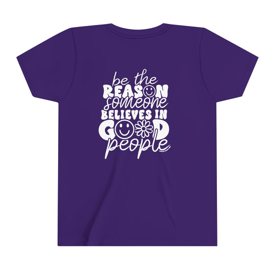 Youth short sleeve tee with white text design, ideal for kids. Lightweight, ring-spun cotton for comfort. Retail fit, tear away label. Be the Reason Kids Tee by Worlds Worst Tees.