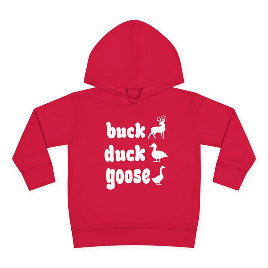 Buck, Duck, Goose, Toddler Hoodie featuring playful animal silhouettes with durable, cozy fabric. Perfect for kids who love a fun twist on classic games.