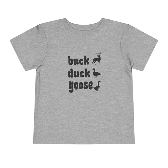 Buck, Duck, Goose Toddler Tee featuring a light gray T-shirt with buck, duck, goose and corresponding animal silhouettes, made from soft Airlume cotton for comfort.