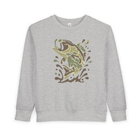 Camo Fish Toddler Crew sweatshirt features a jumping bass graphic in earthy tones on light-gray fabric, offering warmth and comfort for toddlers.