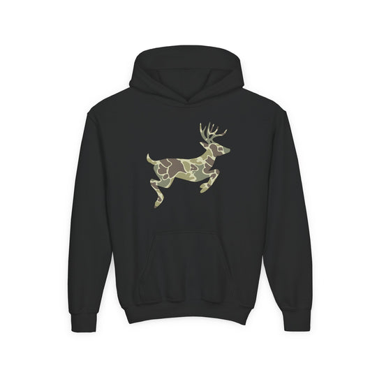 Camo Deer Youth Hoodie featuring a black pullover design with a kangaroo pocket and a green/brown camo leaping-deer graphic on the chest.