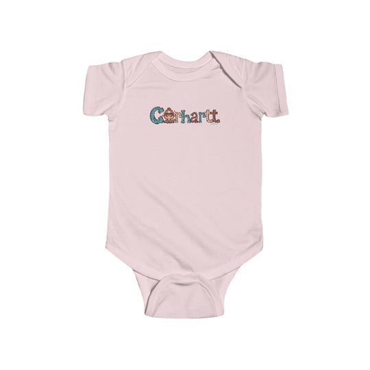 A durable and soft Cowhartt Onesie for infants, featuring 100% cotton fabric, ribbed knit bindings, and plastic snaps for easy changing access. Combed ringspun cotton, light fabric, tear away label.