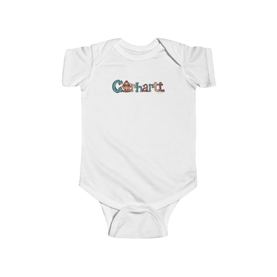 A durable and soft Cowhartt Onesie for infants, featuring a cartoon cow design. Made of 100% cotton fabric with ribbed knitting for durability and plastic snaps for easy changing access. Dimensions: Width - 7.32-12.01 in, Length - 11.46-15.51 in, Sleeve length - 2.52-3.50 in.