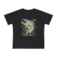 Camo Fish Baby Tee: A kids' black T-shirt featuring a stylized trout-like fish in muted camouflage tones, leaping with water splashes, highlighting comfort and durability.